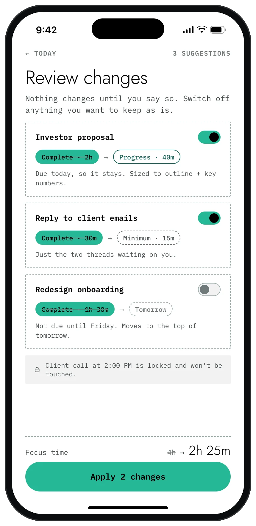 Review changes screen: each task shows its size before and after, with a switch to keep or apply each change.